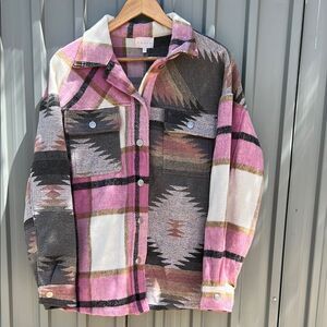 Entro Pink Aztec Western Shacket Plaid Flannel Button Up Jacket Boho Tribal S